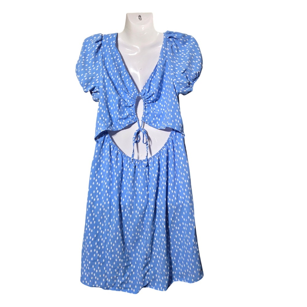 Lily Rose Blue Puff Sleeve Cutout Midi Dress Sz CottageCore Garden Party Flowy - Picture 5 of 7